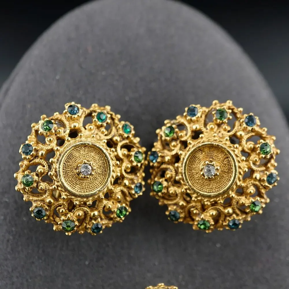 Vintage Florenza Demi Parue Brooch Earrings Green Cabochon Victorian Revival Set